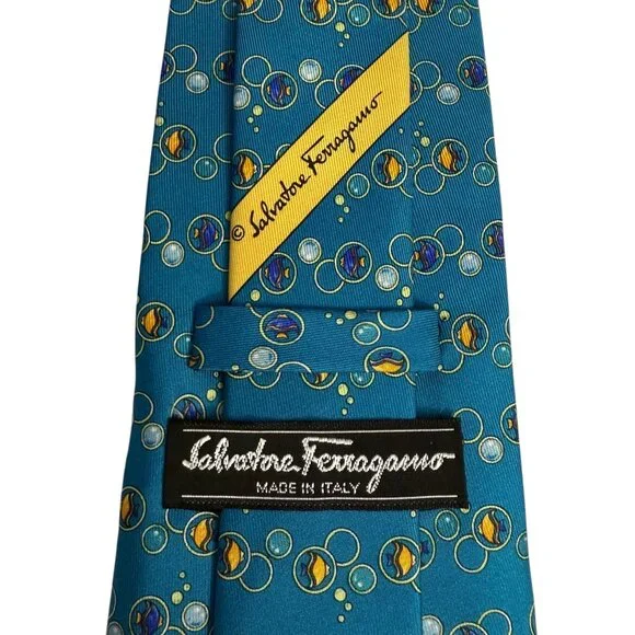 Salvatore Ferragamo Silk Neck Tie Goldfish Bubbles Pattern Teal Men's Neckwear - Picture 7 of 12